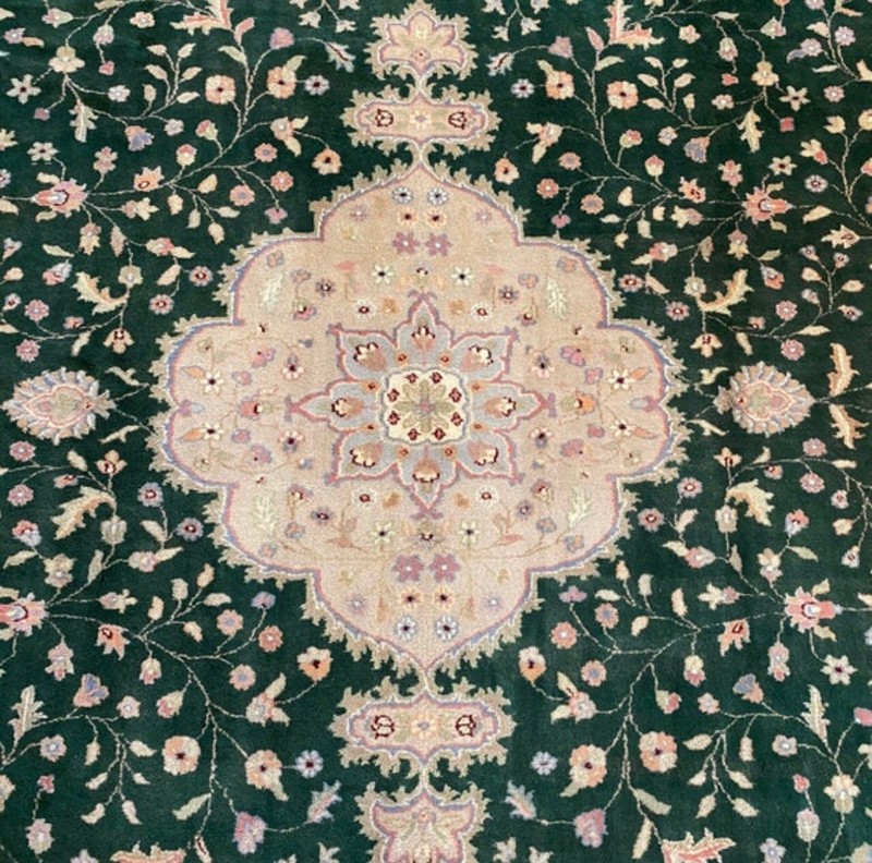 Brand New Fine Quality Handmade in India Hunter Green & Pastels Floral Rug, 9x12 gallery