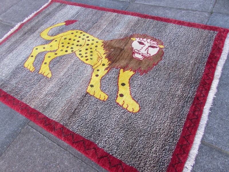 Vintage Traditional Hand Made Oriental Gabbe Wool Grey Rug 151x103cm Animal Lion gallery