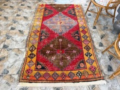 1970s Geometric Turkish Vintage Rug, Tribal Handmade Anatolian Wool Area Rug 4×7