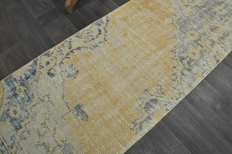 Vintage Turkish Runner Rug 2x11ft Wool Anatolian Handmade Hallway Oushak YELLOW gallery