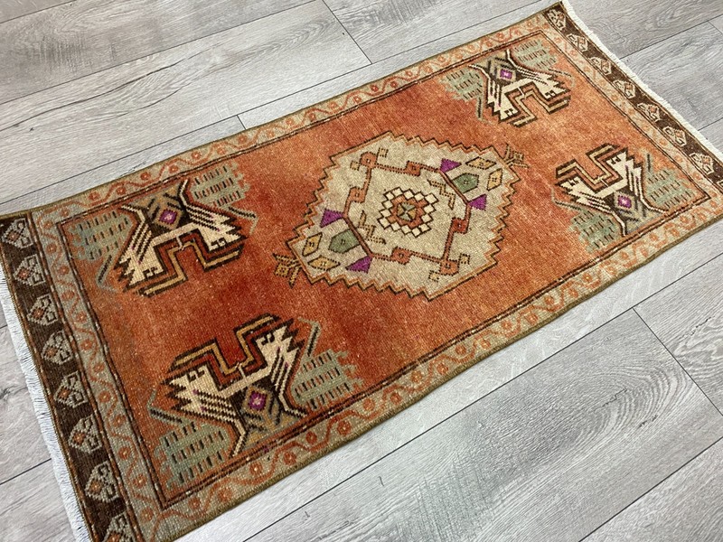 Turkish Tribal Wool Rug Handmade 1.6x3.3 ft Vintage Terracotta Geometric Small gallery