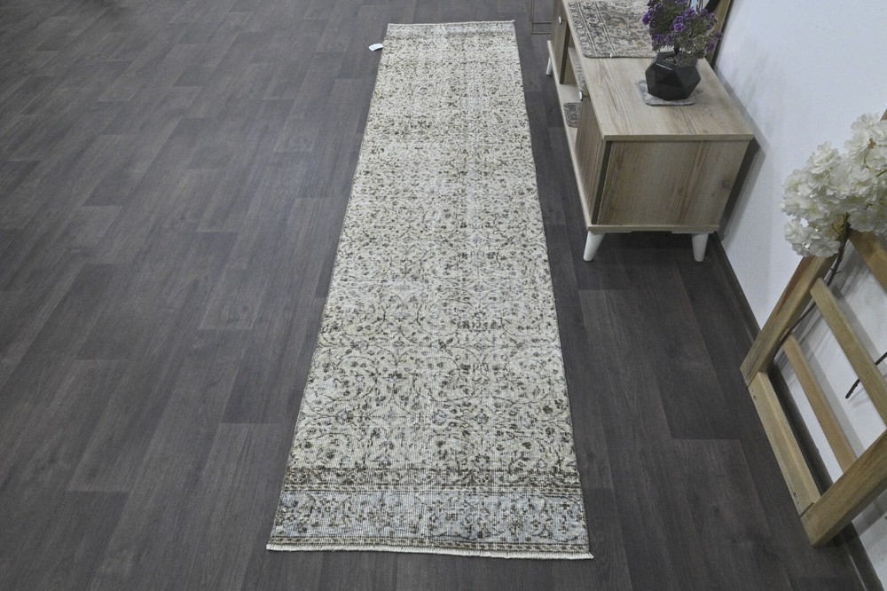 Vintage Turkish Runner Rug 2x10ft BEIGE Handmade Anatolian Oushak Hallway Wool
