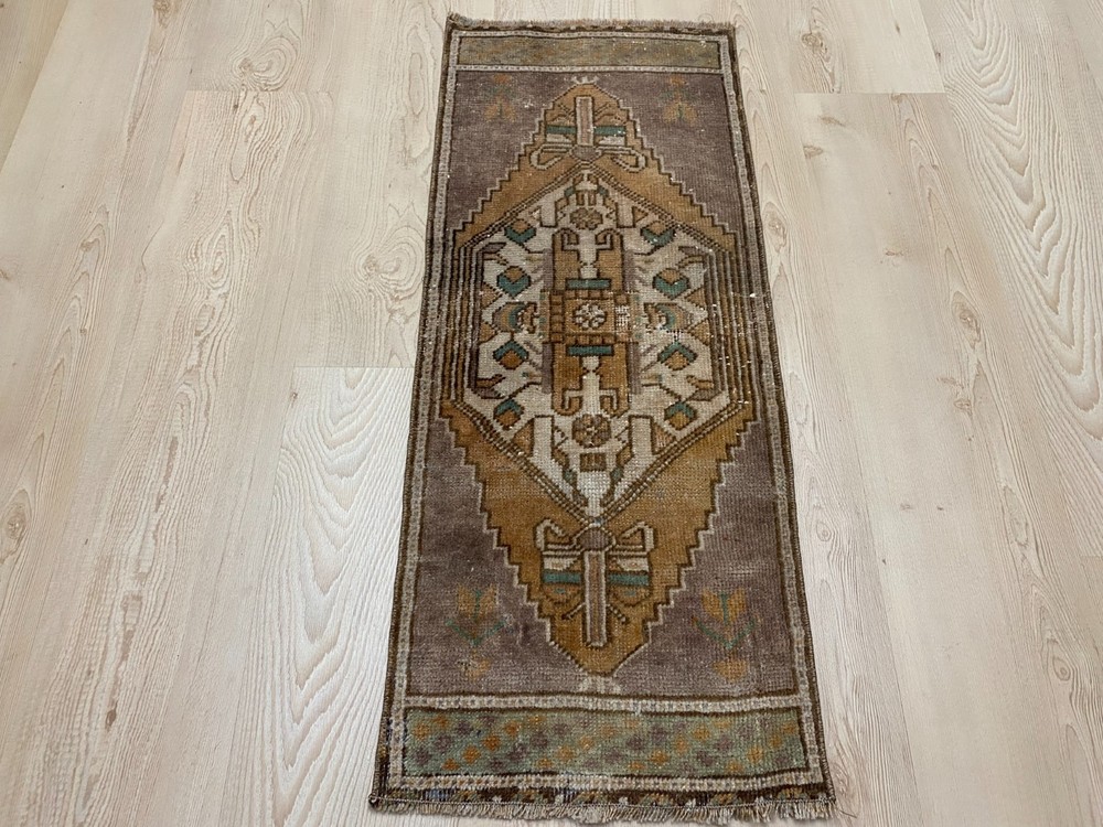 Earth Tone Diamond Medallion Carpet Vintage Turkish Small Rug 1.2x3 ft