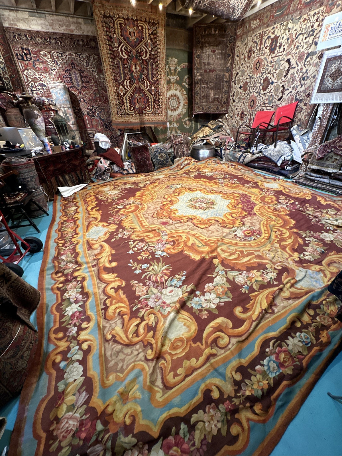 Auth: Mid 19th C French Aubusson Floor Tapestry Museum Age ART 14 x 17 gallery