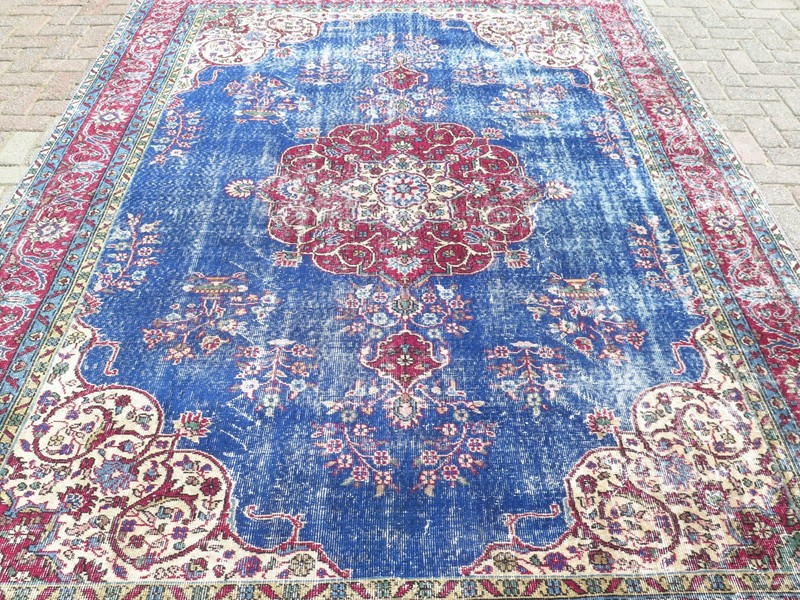 Vintage Oushak Carpet, Distressed Floor Rug Handmade Large Blue Teppich 91"X122" gallery