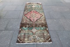 Vintage Worn Hand Made Traditional Oriental Wool Green Long Runner 252x85cm