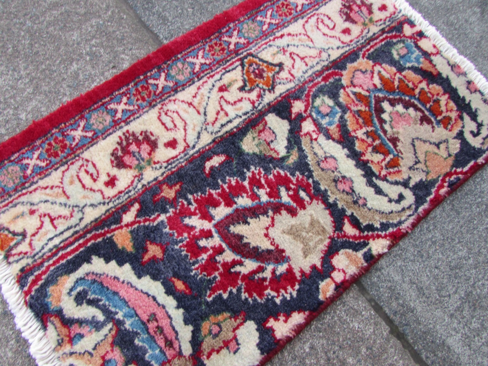 Vintage Fragment Traditional Hand Made Oriental Wool Red Blue Rug 59x37cm gallery