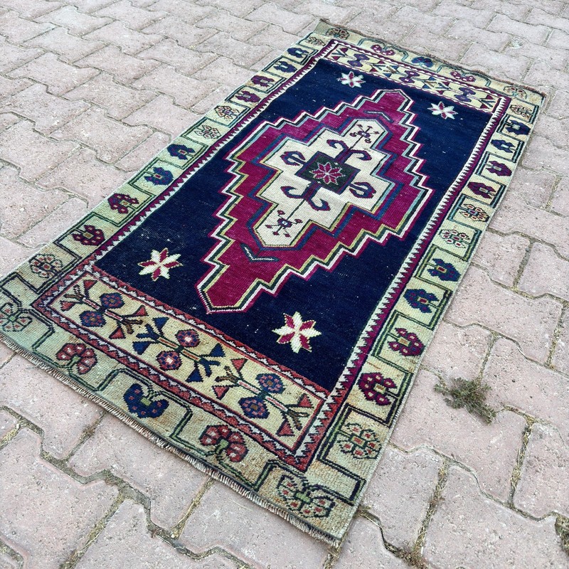 Burgundy Navy Wool Rug 3x5 Vintage Turkish Geometric Cream Green Rug-Tariff Free gallery