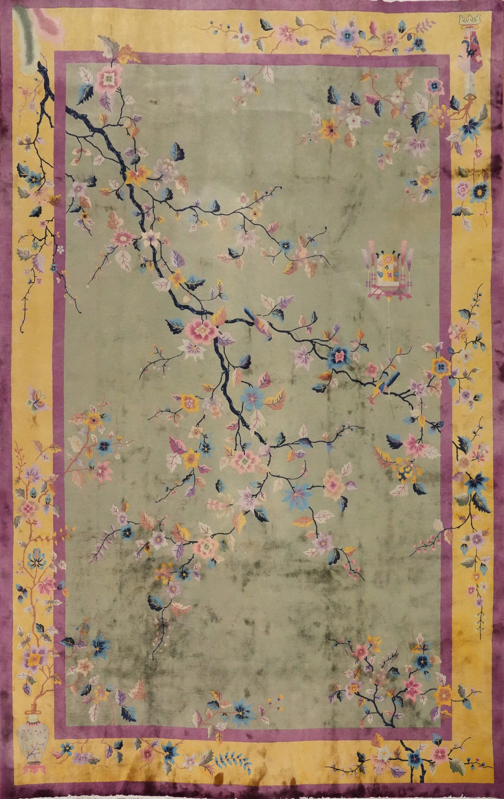 Antique Art Deco Large Rug 12x17 Vegetable Dye Chinese Green/ Gold Hand-knotted gallery