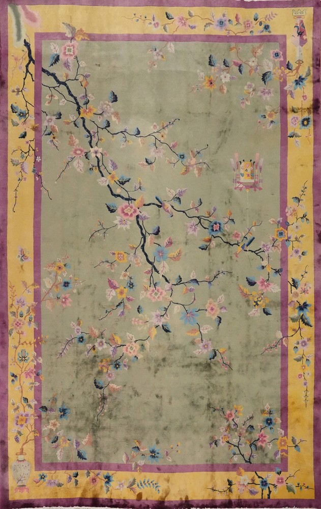 Antique Art Deco Large Rug 12x17 Vegetable Dye Chinese Green/ Gold Hand-knotted