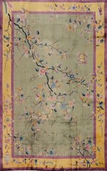 Antique Art Deco Large Rug 12×17 Vegetable Dye Chinese Green/ Gold Hand-knotted