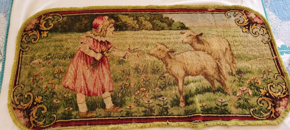 Antique Rug Tapestry Wall Hanging Victorian Girl Feeding Sheep Farmhouse