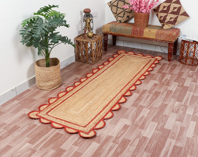 Braided Scalloped Jute Rug, Red Scallop Rug, Boho Rug, Natural Jute Rug gallery