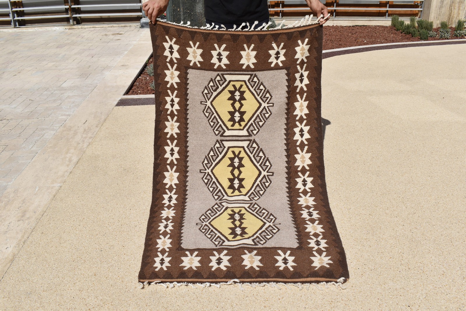 Turkish Rug 36''x64'' Handwoven Kayseri Brown Kilim 92x165cm Oriental 3x5 Size gallery