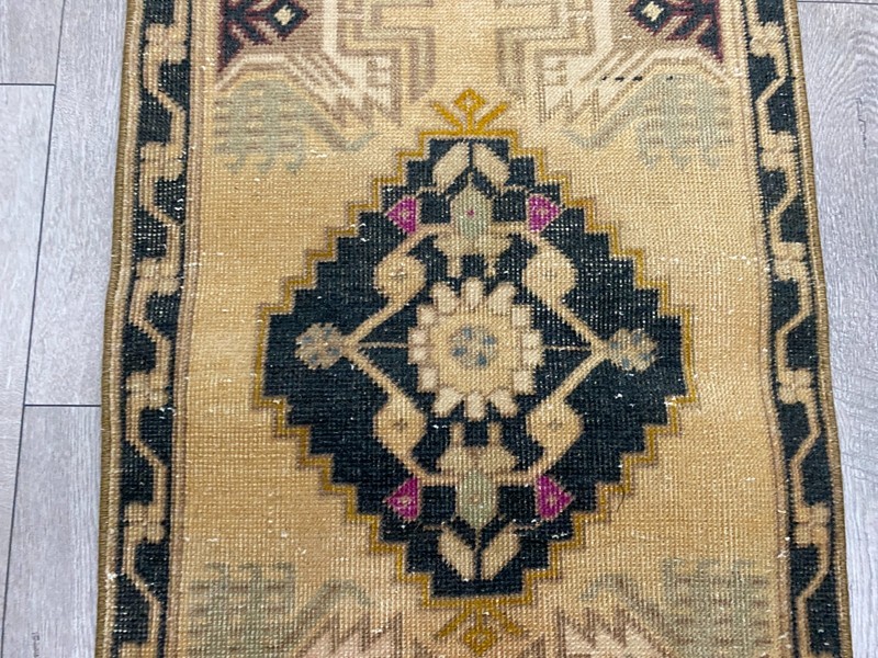 Vintage Turkish Medallion Rug Small Tan Black Navy Oriental Door Mat 1.8x3.3 ft gallery