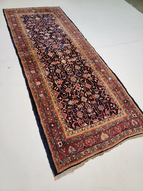Antique Oriental Hand-Knotted Wool Runner Navy Blue/Red/Green 3'9" x 9'9" gallery
