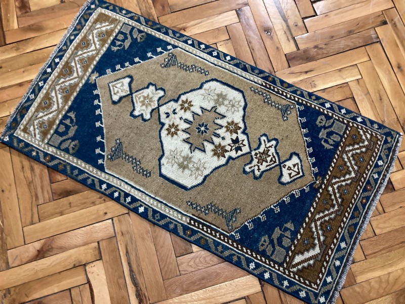 Vintage Anatolian Wool Rug 1.8 x 3.5 ft Brown Blue Turkish Handwoven Carpet gallery