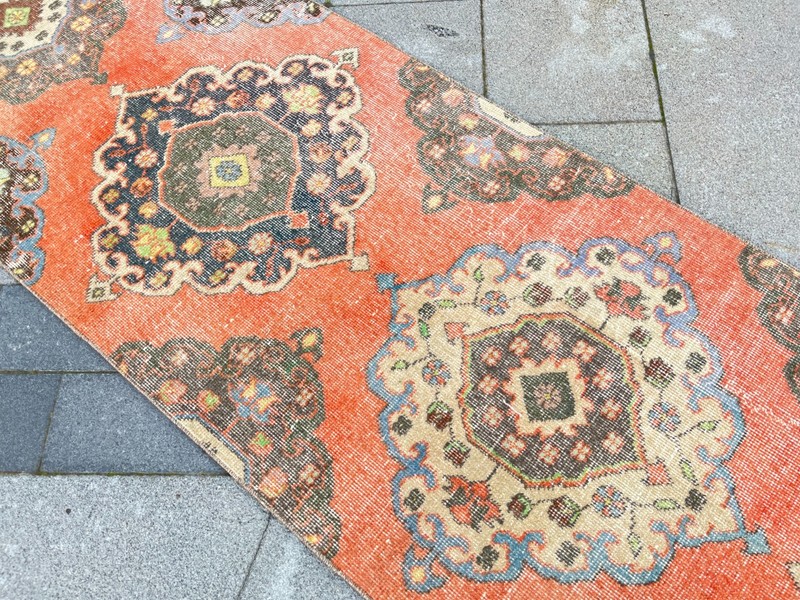 Vintage Turkish Oushak Runner Rug 2.4x12.4 Ft Coral Medallion Wool gallery