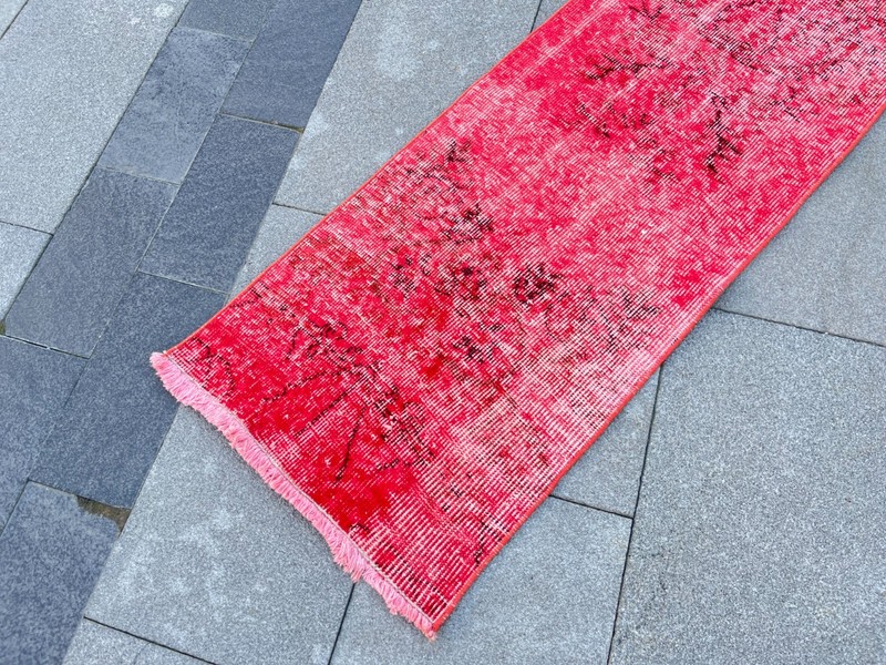 Vintage Turkish Oushak Runner Rug 1.6x9.1 ft Red Distressed Hand Knotted Wool gallery