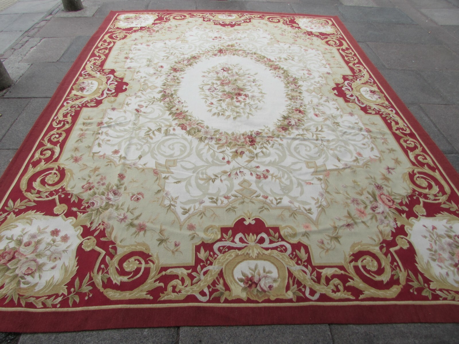 Vintage Hand Made French Design Wool Red Beige Original Aubusson 376X273cm gallery