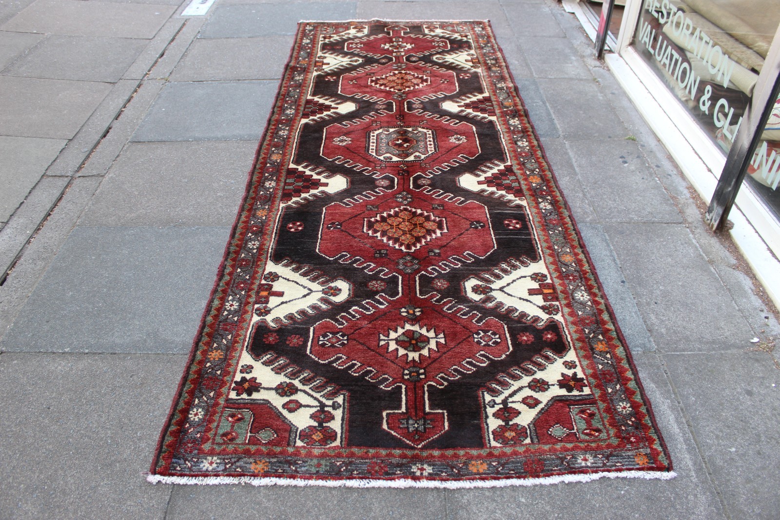 Vintage Hand Made Traditional Oriental Wool Black Red Long Rug Runner 300x113cm gallery