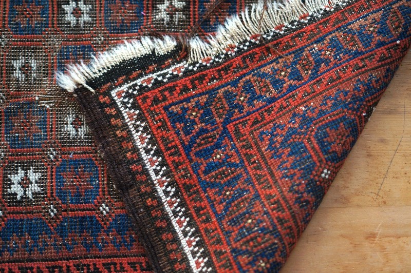 46" x 26" Afghan Balouch Hand-Knotted Tribal Rug ~ Red, Dark Blue, White, Brown gallery