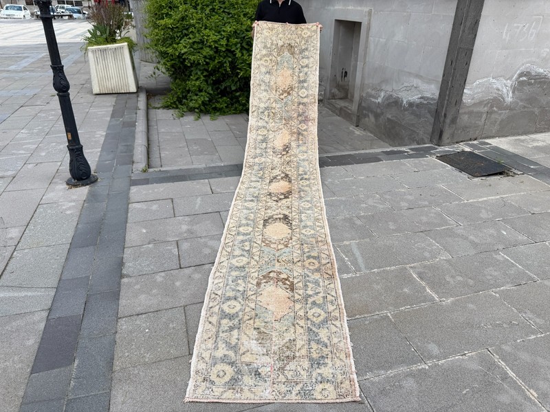 Vintage Turkish Oushak Runner Rug 2.2x12.4 ft Beige Sage Green Hallway Rug gallery