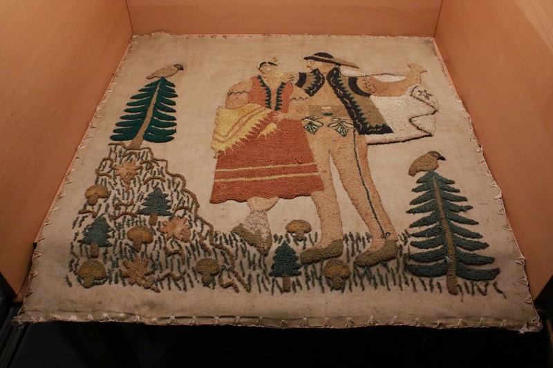 Antique European Polish Folk Art Figures Hooked Rug Scene Trees. Birds 30”x 31” gallery