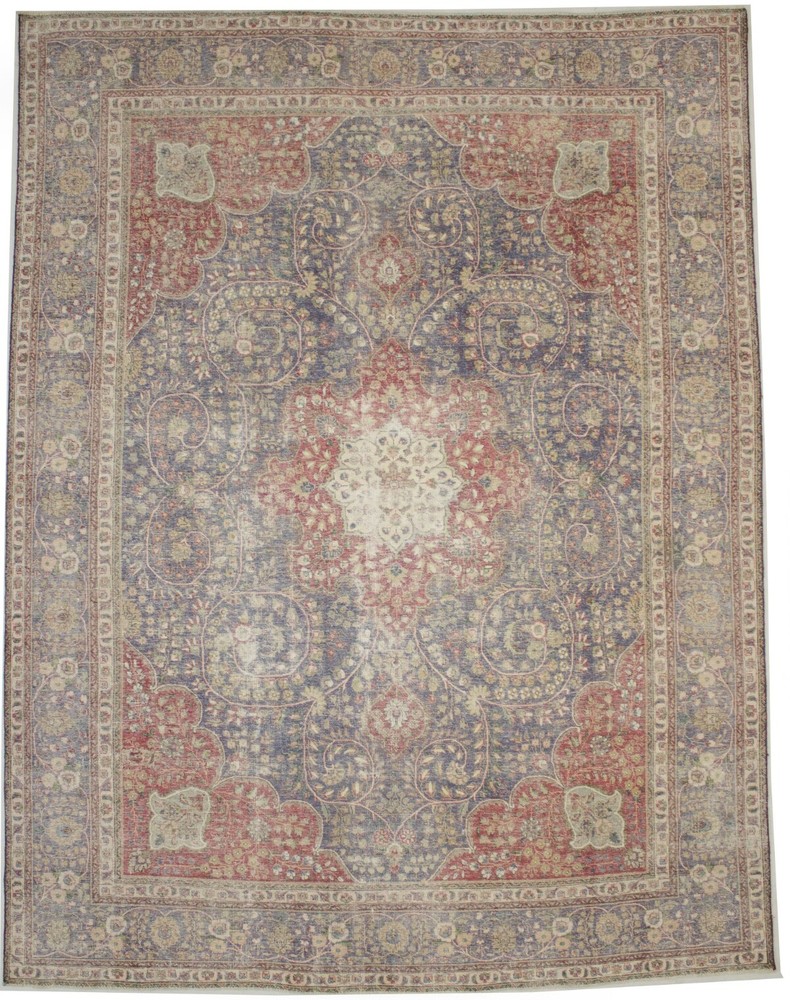 Hand-Knotted Distressed Purple-Navy Floral Rug Antique Oriental Carpet 10X13 ft