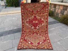 Vintage Turkish Rug 3.1×5.4 Ft Handmade Wool Tribal Area Rug Red Beige Anatolian
