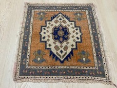 Vintage Turkish Square Rug 1.6×1.6 ft Handwoven Wool Medallion Doormat Carpet