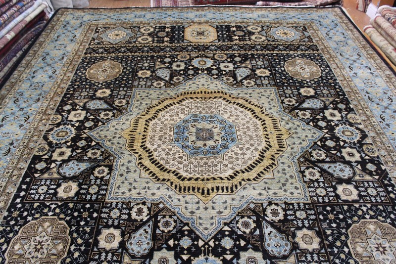 9x12 ft. Fine Quality Handmade Rug, Black Background turquoise Light Blue Color gallery
