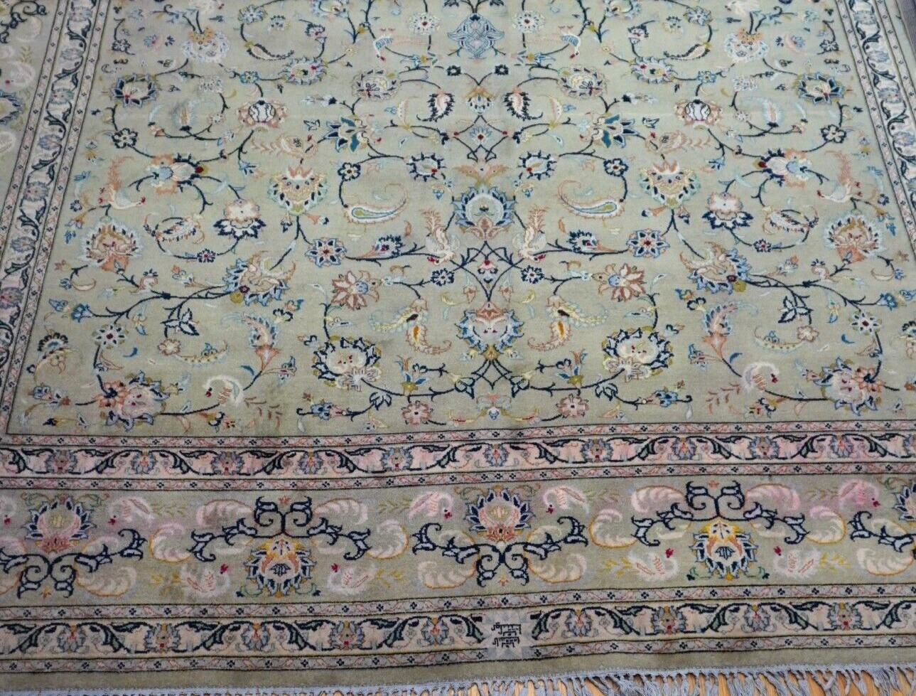 Antique Kashann Signed Birds Hand Knotted Pistachios Green Wool Rug 9'7" x 13'5" gallery
