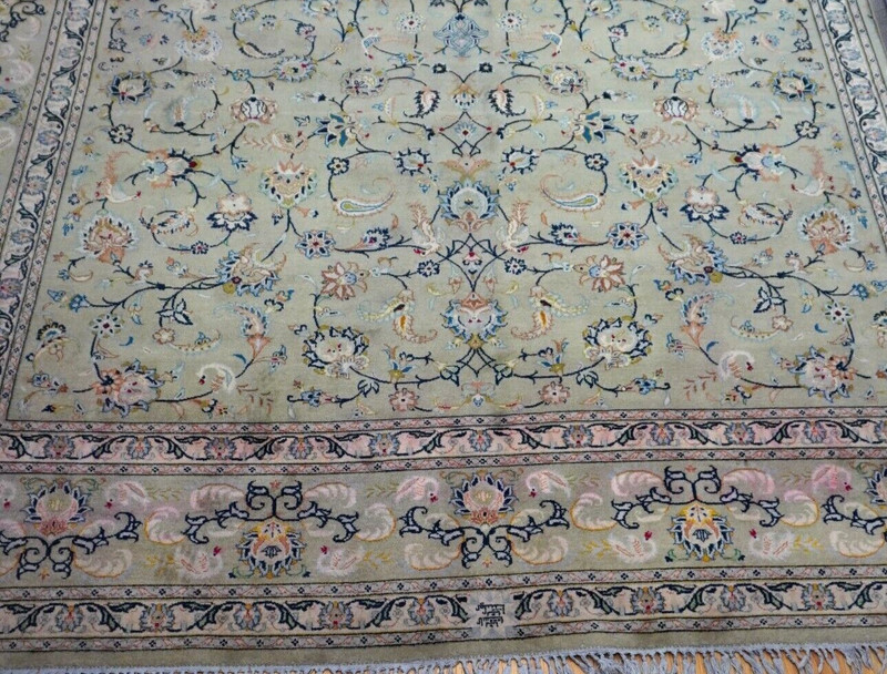 Antique Kashann Signed Birds Hand Knotted Pistachios Green Wool Rug 9'7" x 13'5" gallery