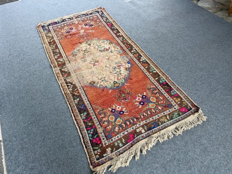 Vintage Turkish Medallion Rug 3x6.7 ft Handwoven Anatolian Wool 1970s Farmhouse gallery