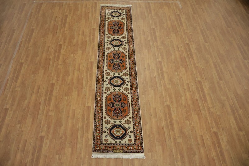 Elegant Geometric 12 ft Runner Rug 3x12 Ivory Wool Handmade Nomad Vintage Carpet gallery
