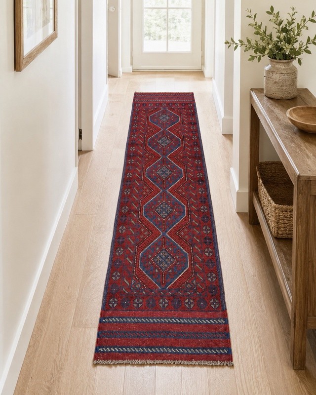 Vintage Afghan Baluchi Wool Runner Rug Hand Knotted Medallion Red Blue 2x8 Feet gallery