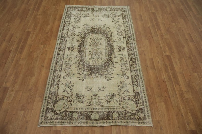 Antique-Inspired Floral Area Rug 4x7 Ft Hand-Knotted Beige Turkish Wool Carpet gallery