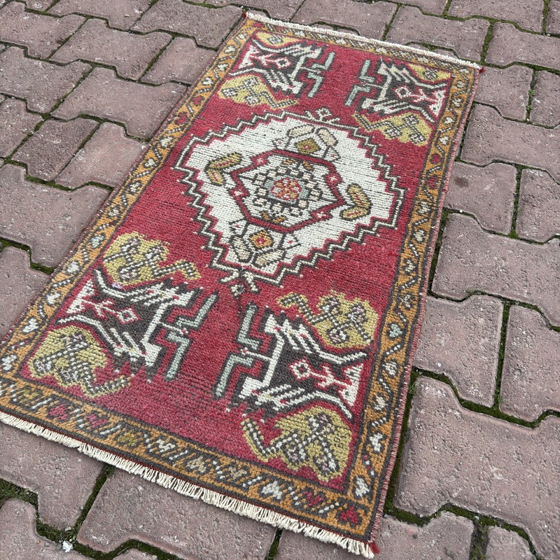 Red Ivory 2x3 Vintage Turkish Wool Accent Rug With Mustard Border - Tariff Free gallery