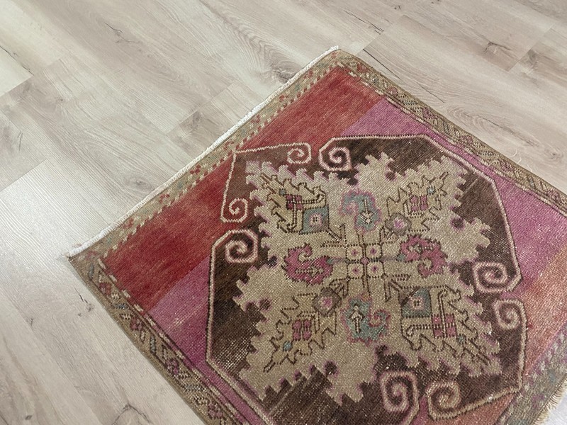 Vintage Turkish Area Rug 2.2x2.2 Ft Hand Knotted Wool Boho Accent Carpet gallery