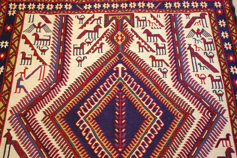 c1930s ANTIQUE SO MUCH DETAILS CAUCASIAN SOUMAK KILIM 3.5x8.11 CRITTER LOVERS gallery