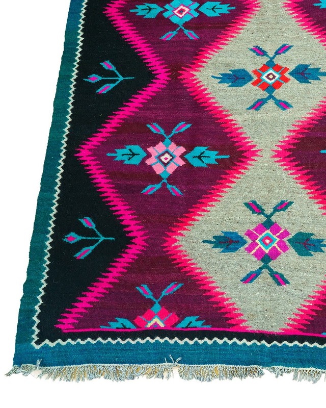 Oltenian Kilim Runner 100% Wool Geometric Purple Teal Pink 1970s Romania 13x6ft gallery