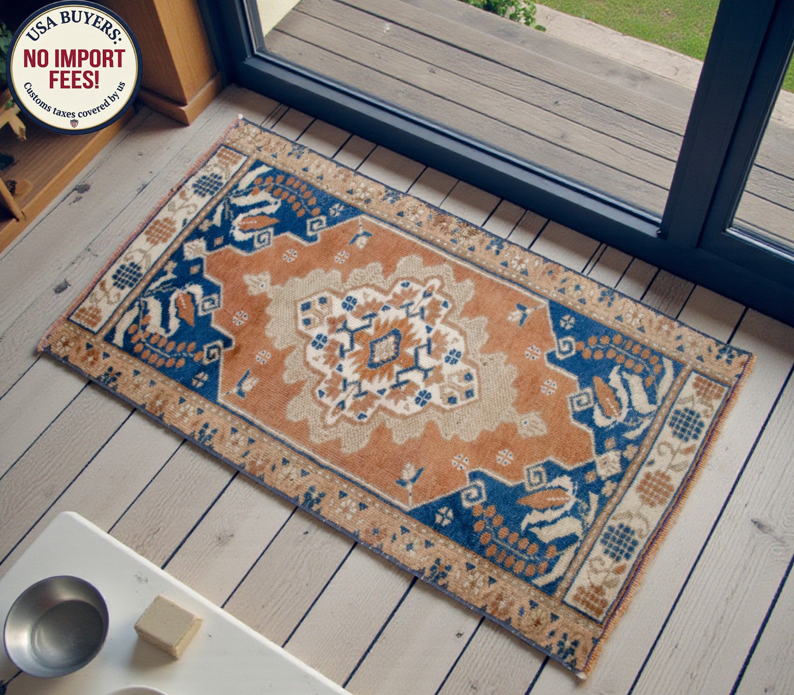 Vintage Oushak Small Rug 2x3 Hand-Knotted Wool Turkish Door Mat Pink Blue 1970s gallery