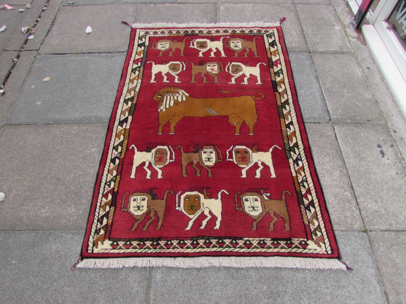 Vintage Traditional Hand Made Oriental Gabbe Wool Red Rug 158x104cm Animal Lion gallery