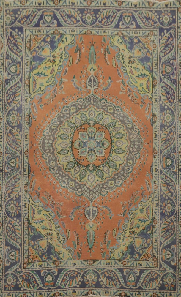 Over-Dyed Orange Wool Traditional Vintage Rug Hand-made Room Size Carpet 6x9