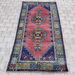 4×7 Faded Coral Navy Wool Vintage Turkish Geometric Double Medallion-Tariff Free