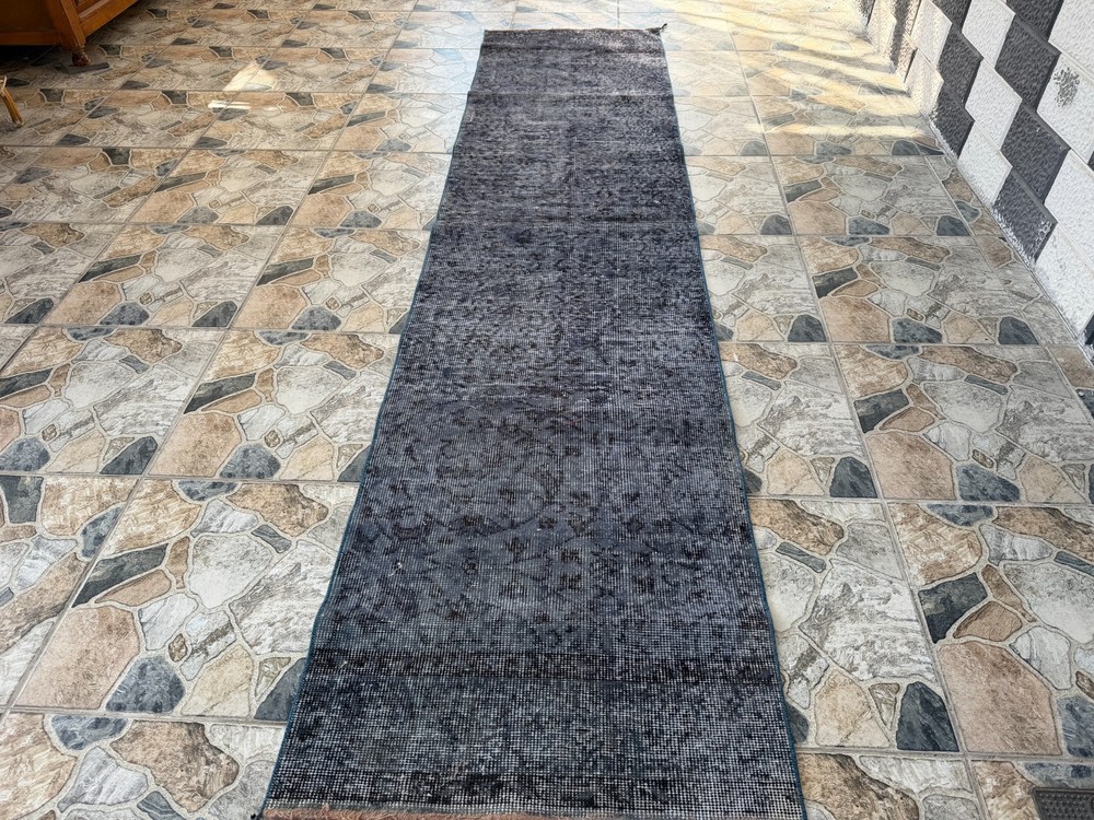 1970s Vintage Turkish Overdyed Runner Rug 2.3x9.8 ft Charcoal Gray Hand-Knotted