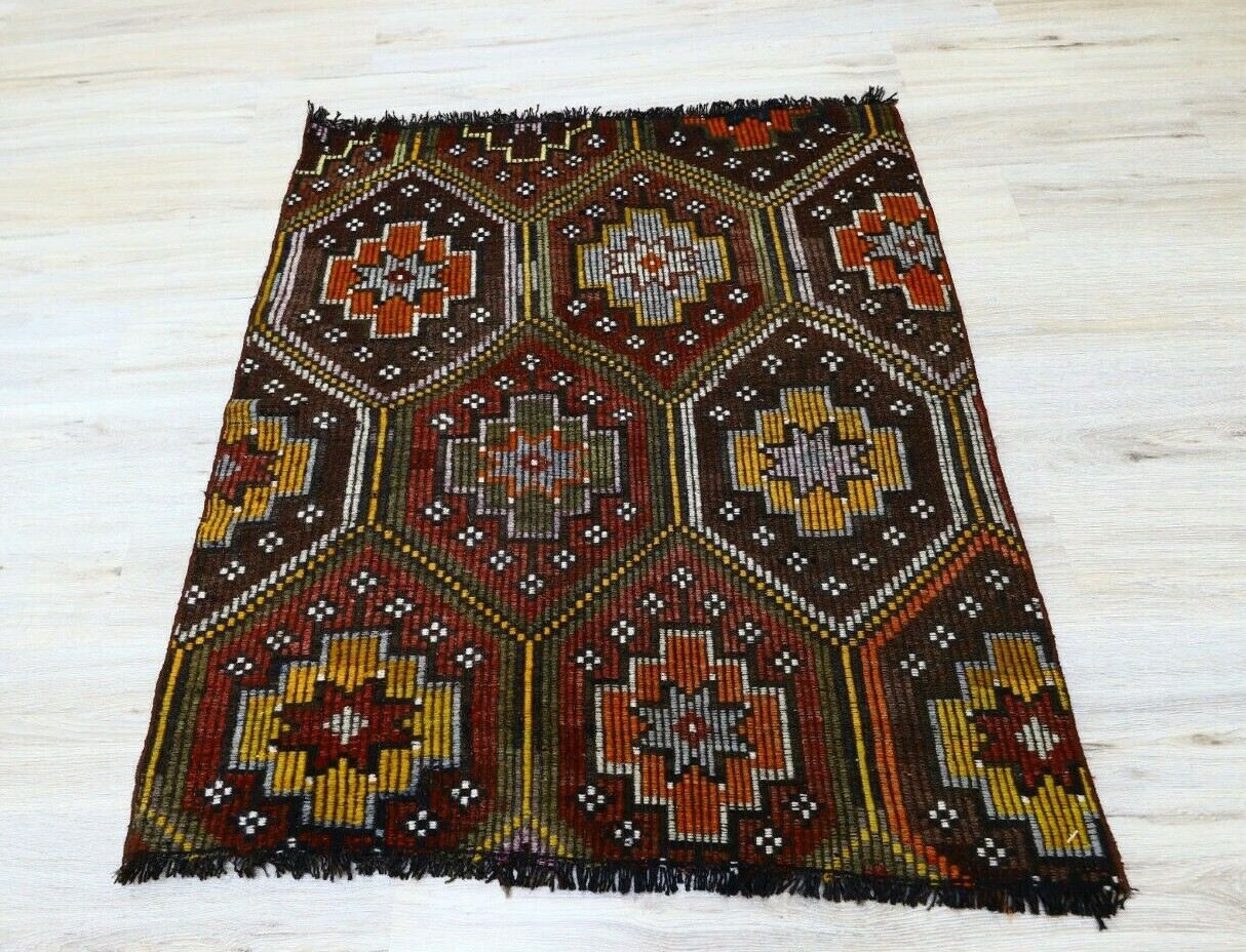 Cappadocia Ethnic Burgundy Carpet Traditional Handmade Vintage Kilim Rug 3.6x4ft gallery