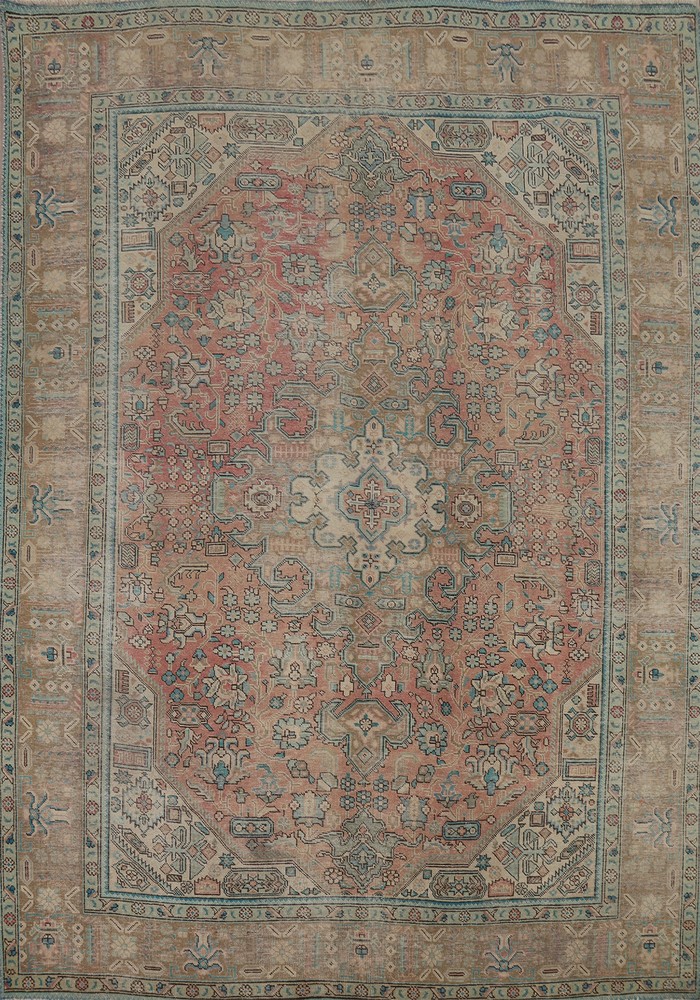 Pink Wool Distressed Tebriz Vintage Area Rug 7x9 Hand-knotted Living Room Carpet