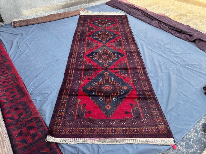 Vintage Afghan Baluchi Runner Rug 5x13 Red Navy Geometric Hand Knotted Wool Rug gallery